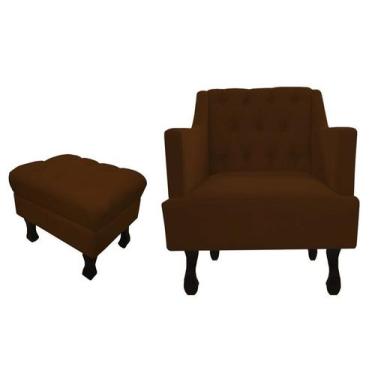 Imagem de Kit Poltrona Decorativa Julia + Puff Luis Xv Suede Marrom Pés Madeira 
