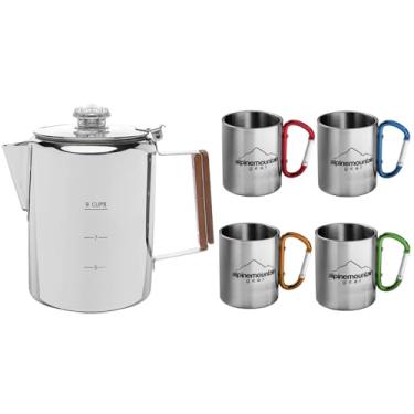 Imagem de Conjunto de cafeteira de 9 xícaras com 4 canecas – cafeteira de acampamento de aço inoxidável, cafeteira de fogão para uso doméstico e externo