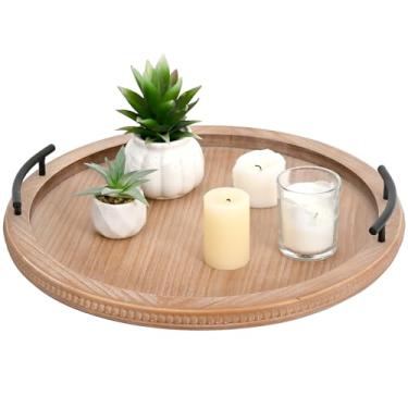 Imagem de SwallowLiving Bandeja de servir com contas de madeira marrom de 45 cm com alça bandeja rústica decorativa para mesa de centro, bandeja redonda para cozinha, sala de estar e quarto