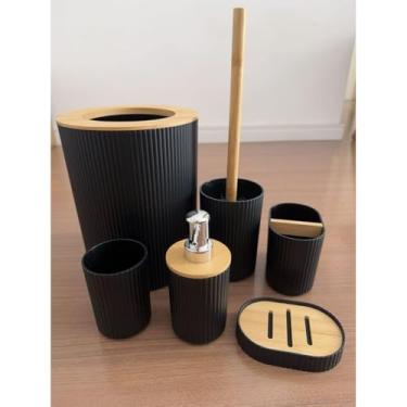 Imagem de Kit De Banheiro Lavabo 4 Peças Plástico Conjunto Bambu Bamboo Porta Sabonete Liquido(Preto (6 pçs))