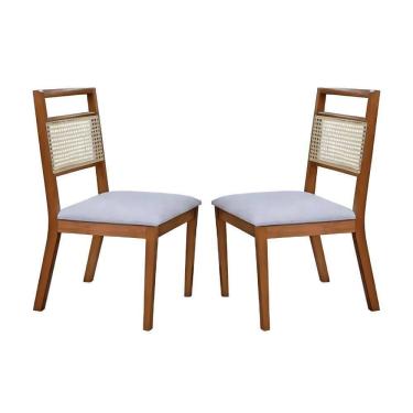 Imagem de Conjunto 2 Cadeiras De Jantar Luna Com Rattan Couro Pérola Com Pés Em Madeira