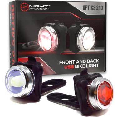 Imagem de Conjunto de luzes de bicicleta NP NIGHT PROVISION Optics 210 para frente e para trás USB recarregável LED Bike Lentes ópticas super brilhantes para usar como farol, capacete de luz, traseira (2 cabos USB, 4 tiras incluídas), Embalagem com 1