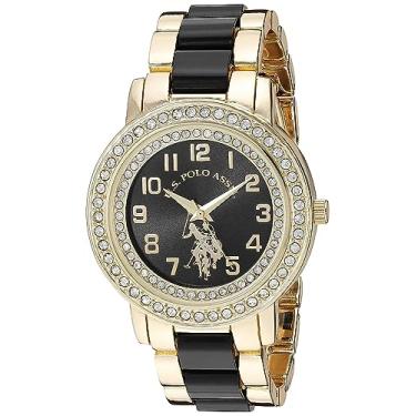 Imagem de U.S. Polo Assn. Relógio feminino dourado com mostrador preto e bisel de cristal – Relógio analógico de quartzo com pulseira de elos de dois tons, serve para pulsos de 14 a 20 cm com caixa de presente