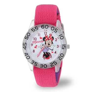 Imagem de Disney Relógio infantil Minnie Mouse com bisel de aço inoxidável Time Teacher analógico com pulseira de nylon, Transparente, rosa Dk, roxo