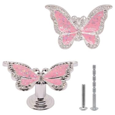 Imagem de YuGtcen 2 puxadores de armário, puxadores de cristal para gavetas, puxador de borboleta rosa para cômoda, puxadores decorativos, puxadores de gaveta de borboleta fofos para cozinha, quarto de meninas
