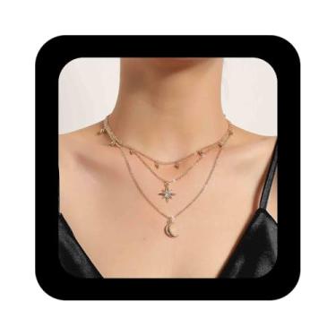 Imagem de Erimberate Colar gargantilha boêmio em camadas, estrela, lua, cristal, dourado, estrela, pingente, estação crescente, colar pequeno, joia feminina, Zinco, Sem Pedra Preciosa