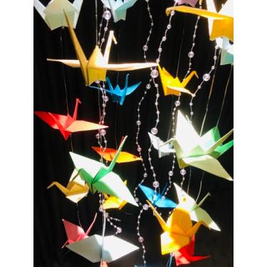 Imagem de Guindastes de papel de origami coloridos pré-fabricados, guirlandas móveis, decorações para pendurar, papel de origami, pássaros, sinos de vento, pombas, decoração de casa, aniversário, rústico, festa