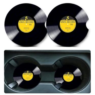 Imagem de Porta-copos de carro para porta-copos de carro, 2 unidades, retrô, disco de vinil, tapete de borracha antiderrapante tamanho universal, 7 cm, suporte de copo automotivo, acessórios de decoração