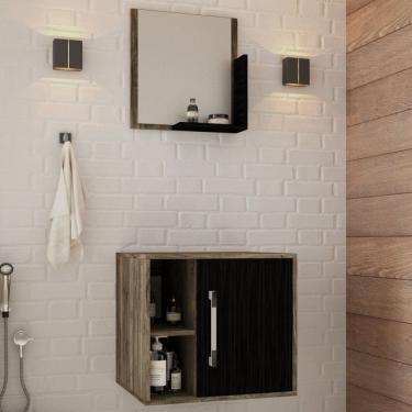 Imagem de Armário de Banheiro Olivia 1 Porta 2 Prateleiras com Espelho Carvalho Dark/Preto ônix  - Pnr Móveis