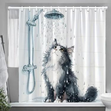 Imagem de YOINIUEM Linda cortina de banho de gato 180 x 180 cm tecido impermeável com 12 ganchos de plástico - decoração de banheiro macia e elegante para banheira e box de chuveiro