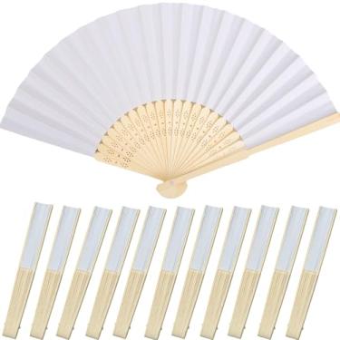 Imagem de Bestage 12 peças de ventilador de mão dobrável para mulheres, leque decorativo branco dobrável chinês japonês bambu molduras leques de seda para casamento, dança, lembrancinhas de festa, decoração DIY