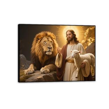Imagem de Arte de parede em tela Jesus e leão cordeiro decoração cristãos Deus Judas impressões inspiradoras arte para sala de estar quarto igreja escritório 50 x 40 cm (20 x 16 pol) moldura preta
