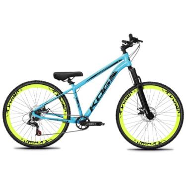Imagem de Bicicleta Aro 26 KOG 1x7 Freeride – Bike para Grau, Freeride Urbano, Suspensão 80mm, Freios a Disco, 7 Velocidades, Azul Piscina, Adesivo Preto,Vmaxx Amarelo