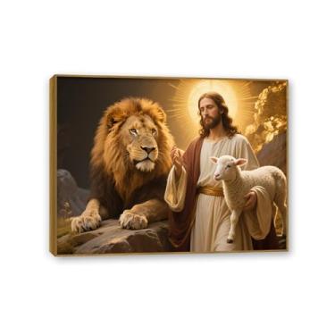Imagem de SDYJ6GSW Arte de parede em tela Jesus e leão cordeiro decoração cristãos Deus Judas impressões inspiradoras arte para sala de estar quarto igreja escritório 40 x 30 cm (16 x 12 pol) moldura teca