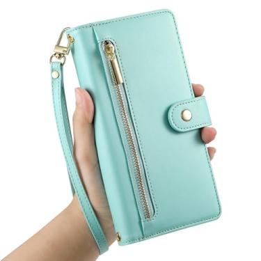 Imagem de LYJSMGZ Capa flip para iPhone 16E, carteira de couro liso de alta capacidade, compartimentos para cartões, capa de telefone borda macia capa de proteção completa, verde, 16E