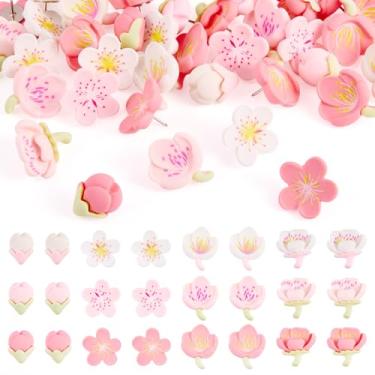 Imagem de Boutigem 48 peças de pinos de pressão de flores de resina, lindas tachinhas de polegar florais decorativas, tachinhas de madeira de cortiça para quadro de avisos de papelão, foto pendurada, recurso de