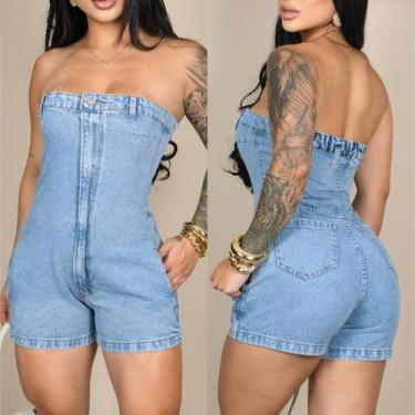 Imagem de Macacão Jardineira Short Jeans sem alça Fechamento em Zíper e Botão - 