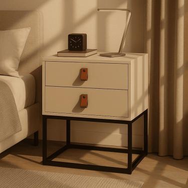 Imagem de Mesa De Cabeceira Unic 45 Moderna 2 Gavetas Puxador De Couro