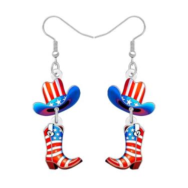 Imagem de BONSNY Brincos com pingente de bota cowboy patriótica rosa divertida, design da bandeira americana, chapéu ocidental, joias presentes para mulheres, vaqueira, engraçados, acessórios hipoalergênicos