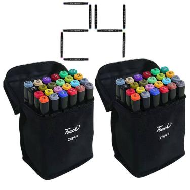 Imagem de Canetas Canetinhas 24 Cores Ponta Dupla Permanente Estojo Kit 2 Uni Desenho Pintura Arte Escola