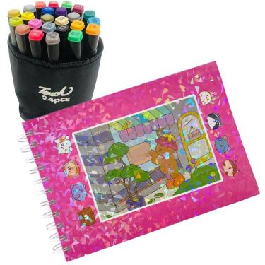 Imagem de Livro de Colorir 100 Paginas Canetinhas 24 Cores Ponta Dupla Marcador Desenho Fofo