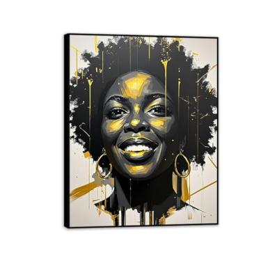 Imagem de Arte de parede de mulher negra arte de parede afro-americana preta e dourada emoldurada em tela de retrato feminino arte preta decoração de parede 65 x 50 cm (26 x 19 pol) moldura preta