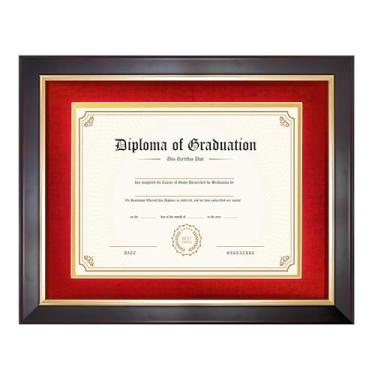 Imagem de FramePro Moldura de diploma de 21 x 28 cm com tapete vermelho sobre ouro, moldura de certificado de 28 x 35 cm, madeira real com acabamento dourado, moldura marrom com vidro temperado
