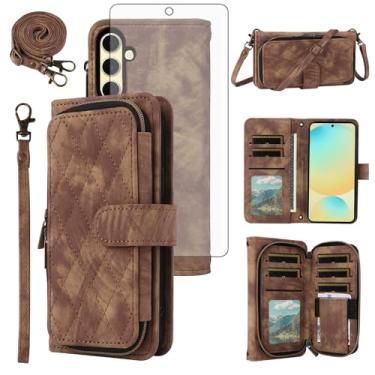 Imagem de Capa de celular para Samsung Galaxy S24 FE 5G carteira celular com protetor de tela de vidro temperado alça transversal alça flip suporte zíper bolsa porta-cartão slot TPU S 24 EF AI S24FE 24S