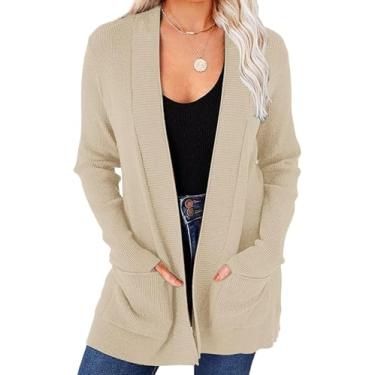 Imagem de Cardigan De Tricô Aberto Para Mulheres Com Bolsos, Beige, XL