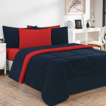 Imagem de Kit Edredom Malha 100% Algodão Gran Moratta 3 Peças Casal - Azul Marinho-vermelho