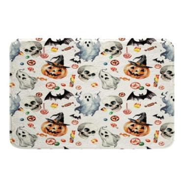 Imagem de Tapetes de banheiro de Halloween crianças aquarela abóbora lanterna fantasma tapetes de banho para banheira para meninos meninas Halloween crânio tapetes de banho para banheiro antiderrapante assustador morcego doce acessórios de banheiro 20 x 32 polegadas