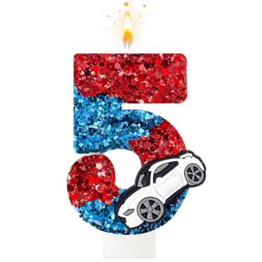 Imagem de Velas de aniversário de carro vermelhas e azuis, número 5 velas para topo de bolo, decorações de aniversário de carros de corrida, adequadas para decoração de festas de aniversário com tema de carros