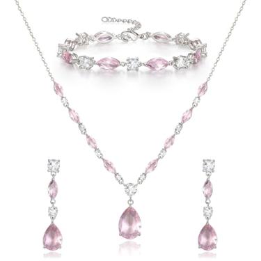 Imagem de Crysdue Conjunto de joias de noiva em forma de gota para festa de casamento, prata/14 k/banhado a ouro rosa, bijuteria de fantasia para noivas, damas de honra, mulheres, colar de zircônia cúbica com