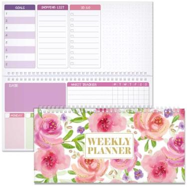 Imagem de Funrous Agenda semanal floral sem data, bloco de notas semanal com objetivo de compras, calendário de mesa horizontal encadernado em espiral para lembrete, escritório, escola, 30 x 15 cm (clássico