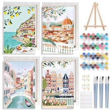 Imagem de GHHKUD Pacote com 4 tintas emolduradas por números, viagem urbana para adultos e crianças, pintura fácil de fazer você mesmo por números com suporte de madeira para moldura, arte em tela, presentes de