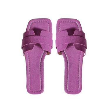 Imagem de OYOANGLE Sandálias femininas de couro PU elegantes rasteiras quadradas abertas sem cadarço para o verão, Roxa, 37