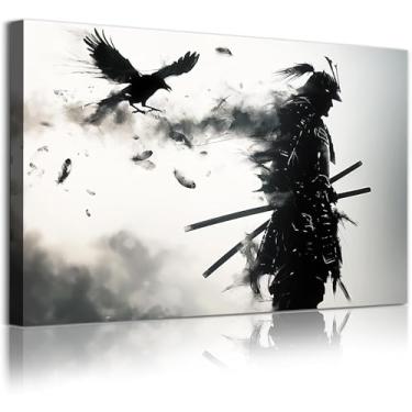 Imagem de Arte de parede em tela de samurai japonês, pôster de guerreiro preto e branco, estampa de retrato de samurai blindado, arte de parede de guerreiro japonês, figura asiática preta, pintura inspiradora