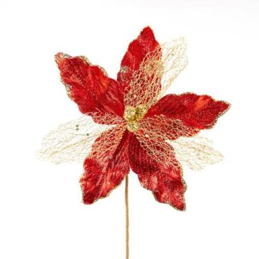 Imagem de Kit 4 Flores Com Cabo Artificial Brilho Natal Vermelha 30cm - Gici Dec