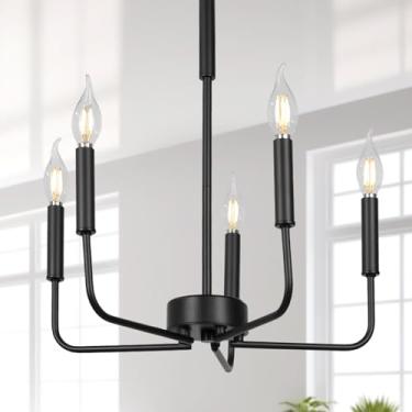 Imagem de Treekee Lustre Preto, Lustre De Fazenda De 5 Luzes Para Luminárias De Sala De Jantar, Luminárias Suspensas, Lustre Industrial Moderno Para Quarto, Hall De Entrada, Cozinha, Sala De Estar E Entrada