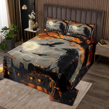 Imagem de Manfei Conjunto de colcha infantil Happy Halloween, tamanho Queen, morcegos corvo preto, luar, decoração de quarto de meninas, meninos, mulheres, colcha acolchoada de cabana de fazenda, colcha de cama