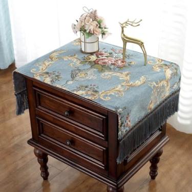 Imagem de Wuluwala Toalha de mesa retangular jacquard com franjas, mesa de café, adequada para mesa de cabeceira, TV, micro-ondas, máquina de lavar, geladeira, capa contra poeira, azul, 45 x 99 cm