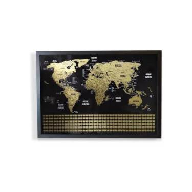 Imagem de Mapa Mundi De Raspar Dourado Com Moldura Com Bandeiras 73x50 - Mondura