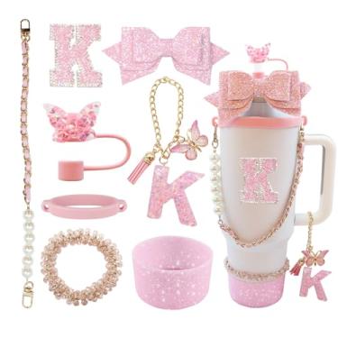 Imagem de Conjunto de 8 peças de acessórios para copo Stanley de 30 e 1,417 g com alça, incluindo topo de palha, bota, alça de alça de garrafa de água, decoração de arco de palha, pulseiras, pingente de letra