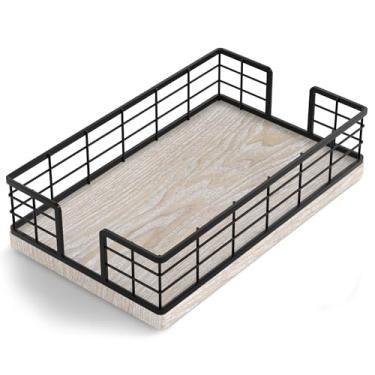 Imagem de Wican Suporte de toalha de hóspede bandeja para banheiro, suporte de guardanapos de cinza e ferro para lavabo mesa de jantar cesta de madeira para toalhas de mão de papel descartáveis preto e cinza