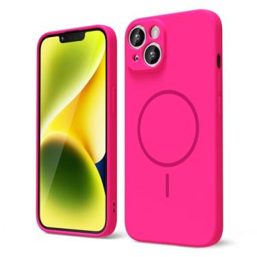 Imagem de oakxco Capa de silicone para iPhone 13 e iPhone 14, capa magnética fina e fina compatível com Magsafe, capa de segurança de borracha fluorescente brilhante com capa para câmera, rosa-choque neon