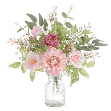 Imagem de Serra Flora Flores artificiais com vaso, rosas de seda artificial em vaso, centros de mesa para sala de jantar, arranjos de flores de seda para casa, sala de estar, banheiro, decoração de plantas