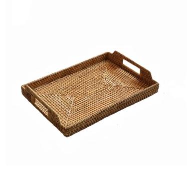 Imagem de Bandejas de servir em casa, bandeja de chá de vime, bandeja de lanche de sobremesa tecida à mão, bandeja de estilo chinês, bandeja de armazenamento de mesa para chá da tarde, lanche, leite, chá