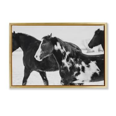 Imagem de Stupell Industries Design de arte de parede em tela flutuante em ouro preto e branco cavalos de inverno por Amy Carroll, 43 x 63 cm