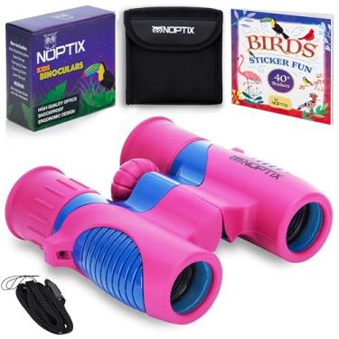 Imagem de Binóculos para crianças, meninas ou meninos, binóculos infantis reais em azul rosa vibrante - inclui livro de adesivos com 40 espécies de pássaros - Binóculos pequenos de brinquedos infantis