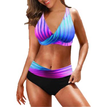 Imagem de Conjunto De Biquíni Feminino 2 Peças Traje De Banho, Top De Biquíni Feminino Com Recorte Frontal E Cintura Alta Conjunto De Biquíni Conjunto De Biquíni 2 Peças Roup, Gradient Purple, 5XL